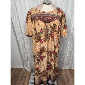 Vtg DAFFODIL 3x Plus Floral Leopard Print House Dress Muumuu Pockets Cotton Read